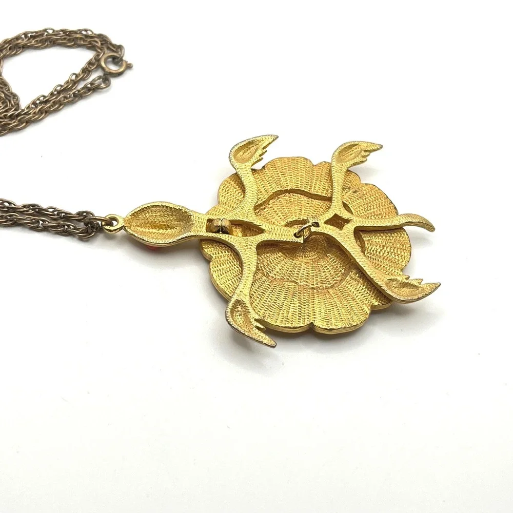 Vintage Enamel Turtle Pendant Necklace Gold Tone Orange Yellow Red